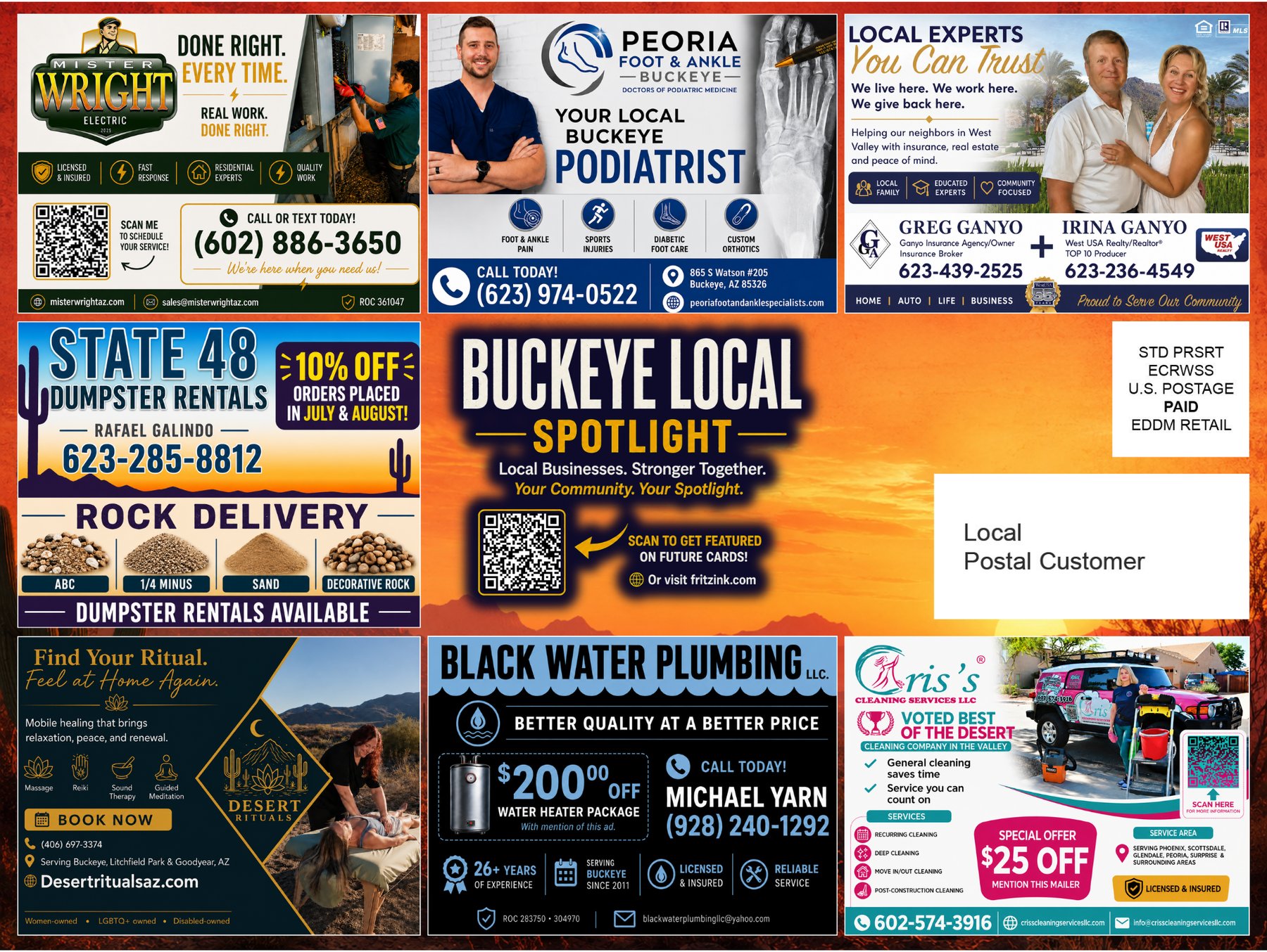 Buckeye Local Spotlight community card — shared direct mail postcard featuring local Buckeye businesses